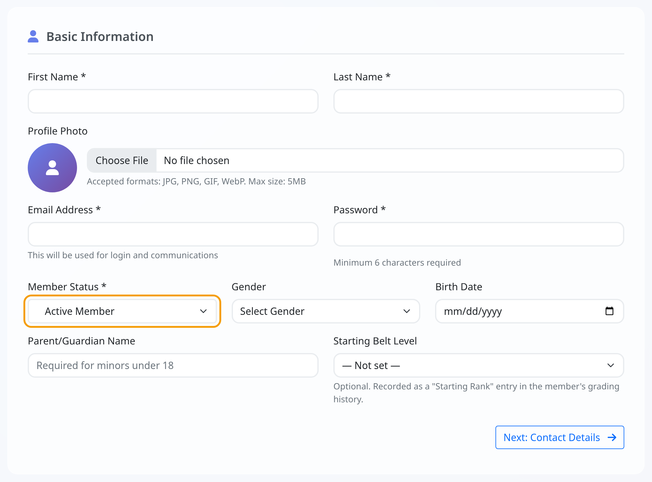 The Basic Information section of the Add Member form with the Member Status field highlighted