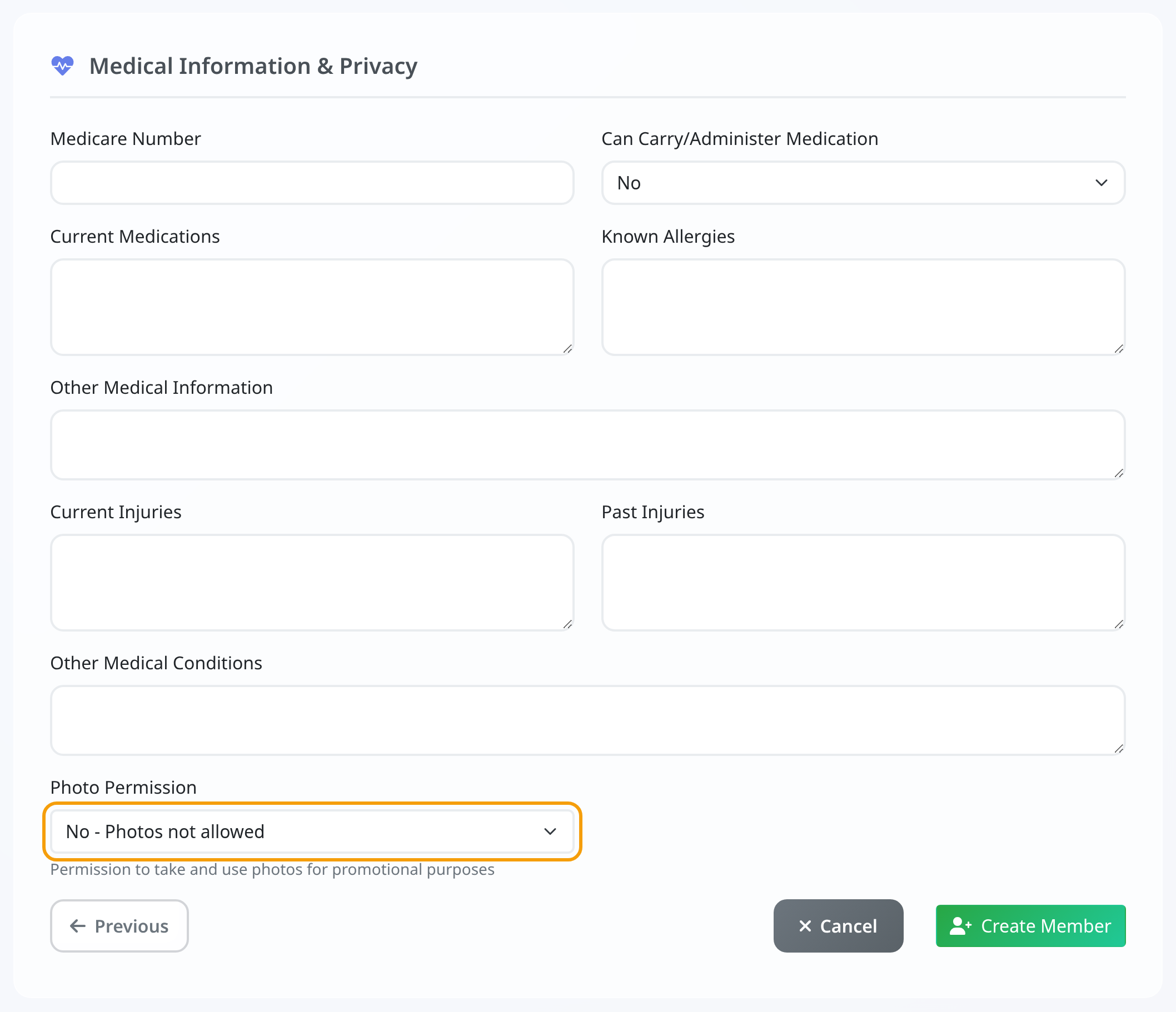 The Medical Information and Privacy section with the Photo Permission dropdown highlighted