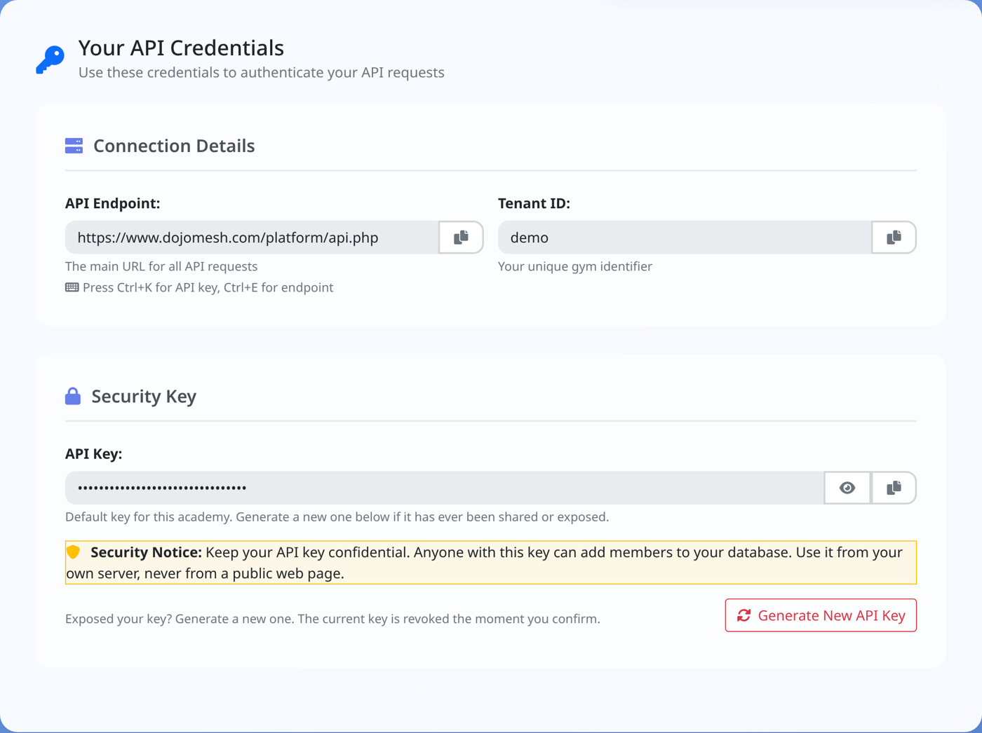The API Management page showing the endpoint, tenant ID, masked API key and the Generate New API Key button