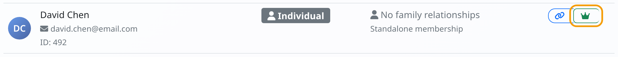 The action buttons on a member row with the crown button highlighted