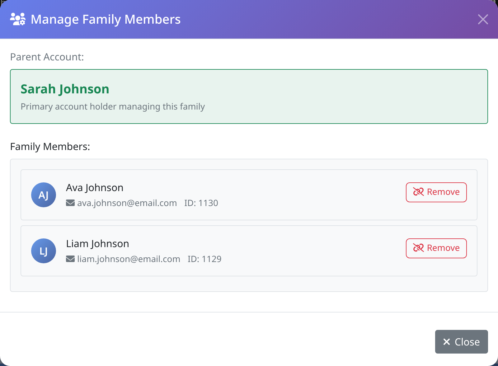 The Manage Family Members window listing two children under a parent account