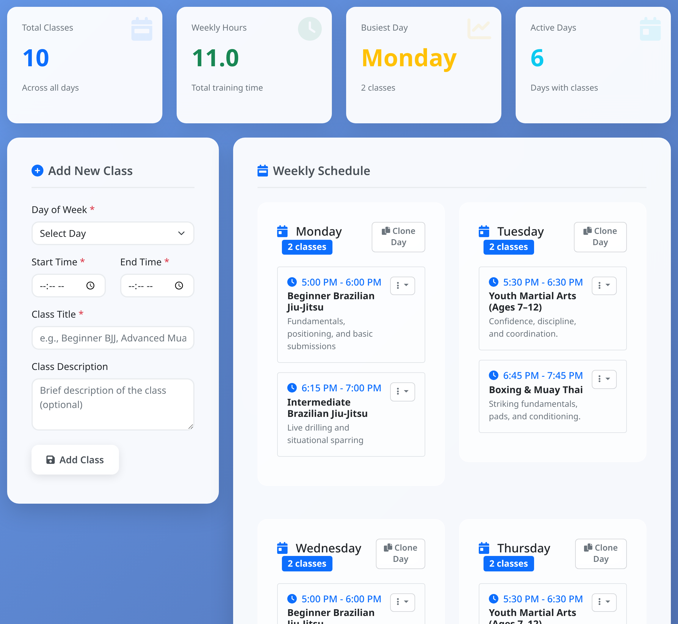 The Base Schedule page showing a week of classes grouped by day