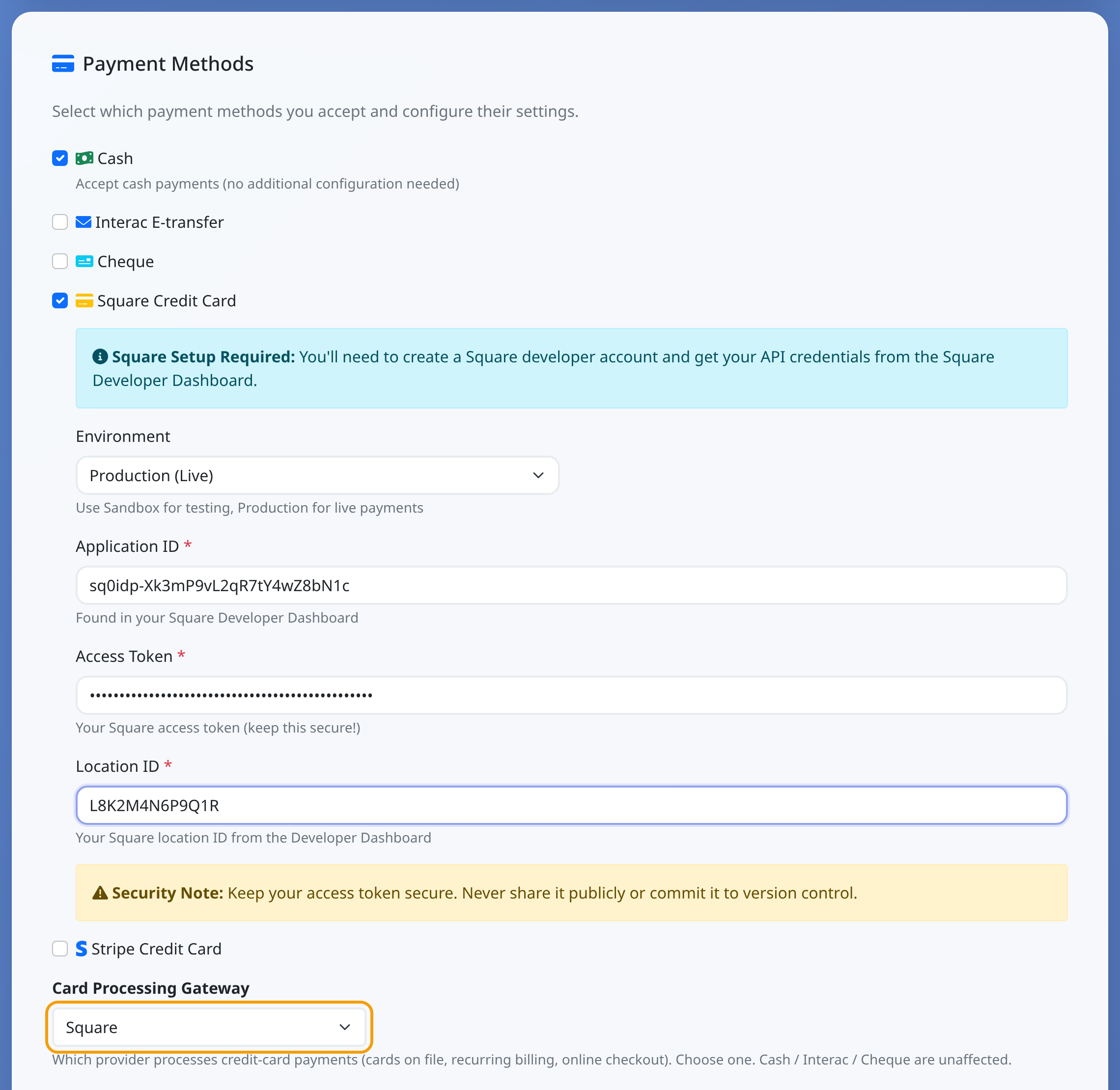 DojoMesh Gym Settings page with the Square Credit Card box ticked and the four Square fields showing