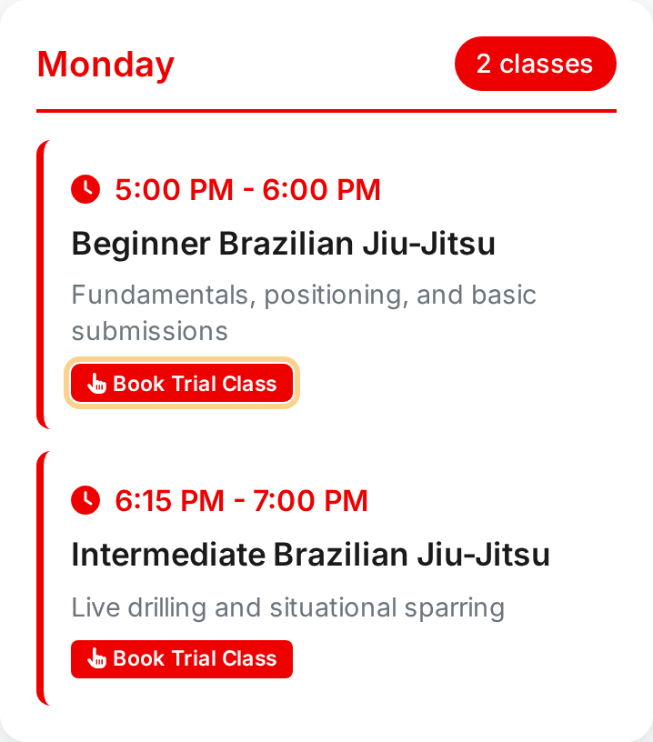 A class on the public landing page with the Book Trial Class button beneath it