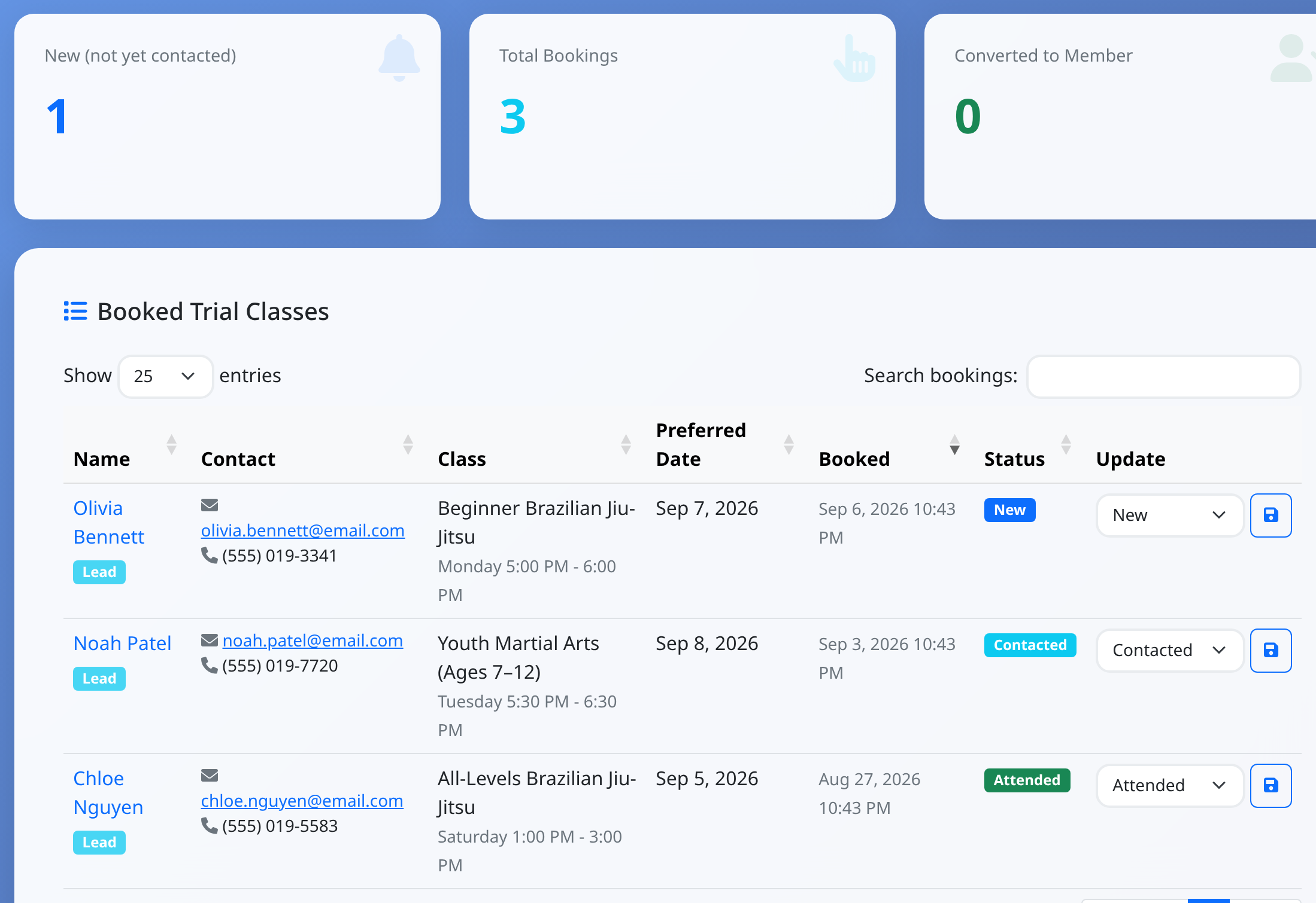 The Trial Class Bookings page with the three counters and a list of bookings with status dropdowns