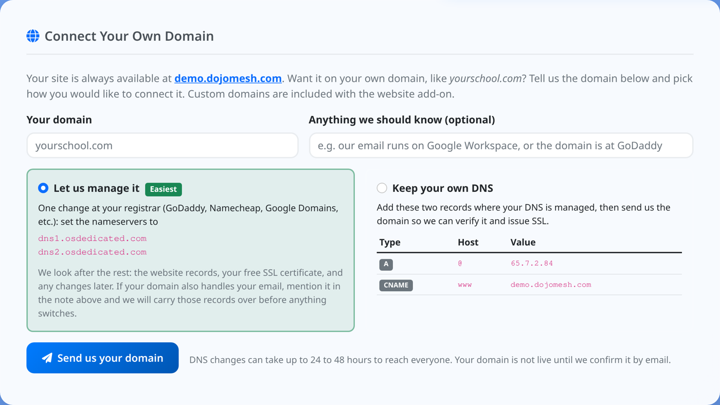 The Connect Your Own Domain card with a domain field, a note field, and two options: Let us manage it, or Keep your own DNS