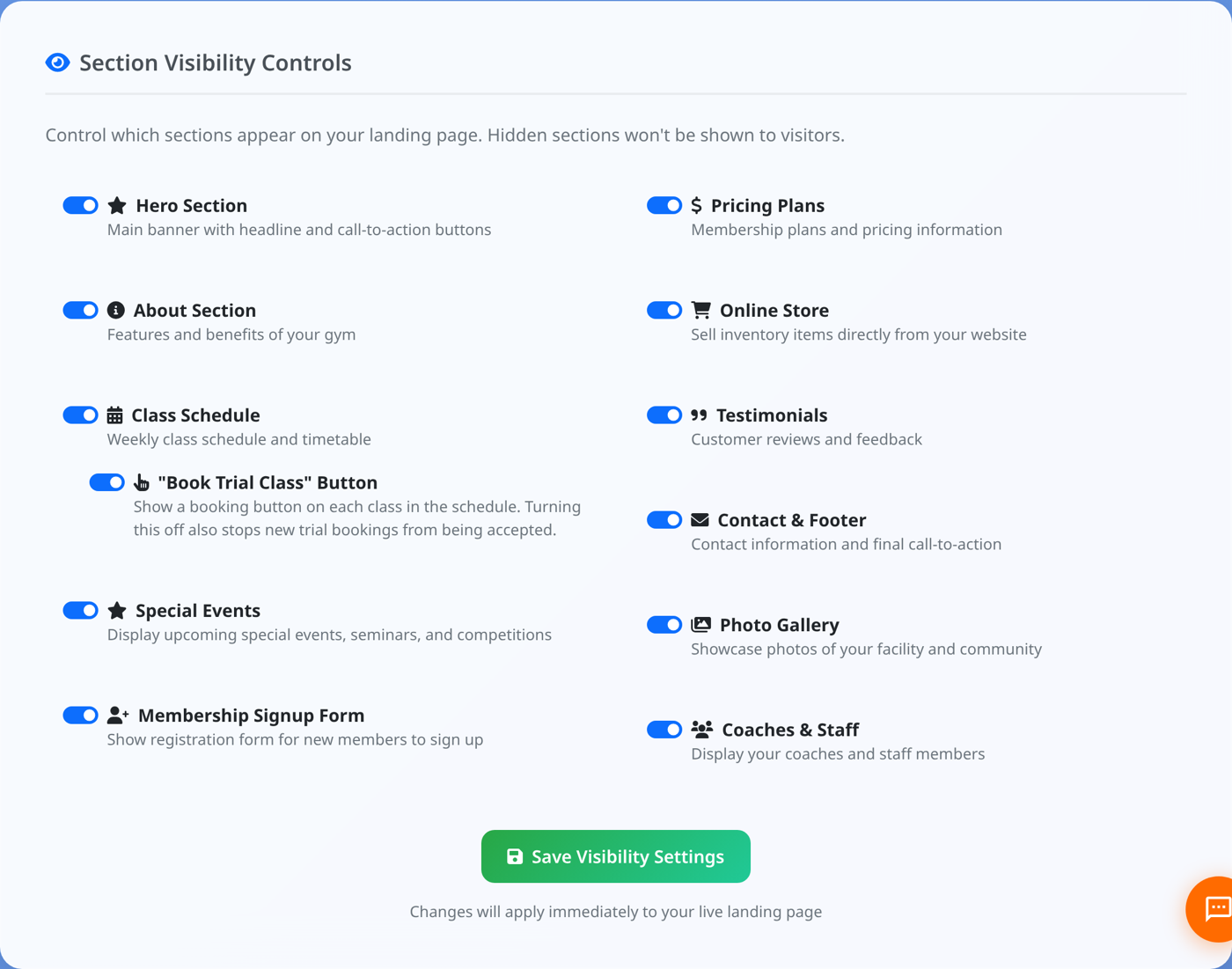 The Section Visibility Controls card with switches for each part of the landing page