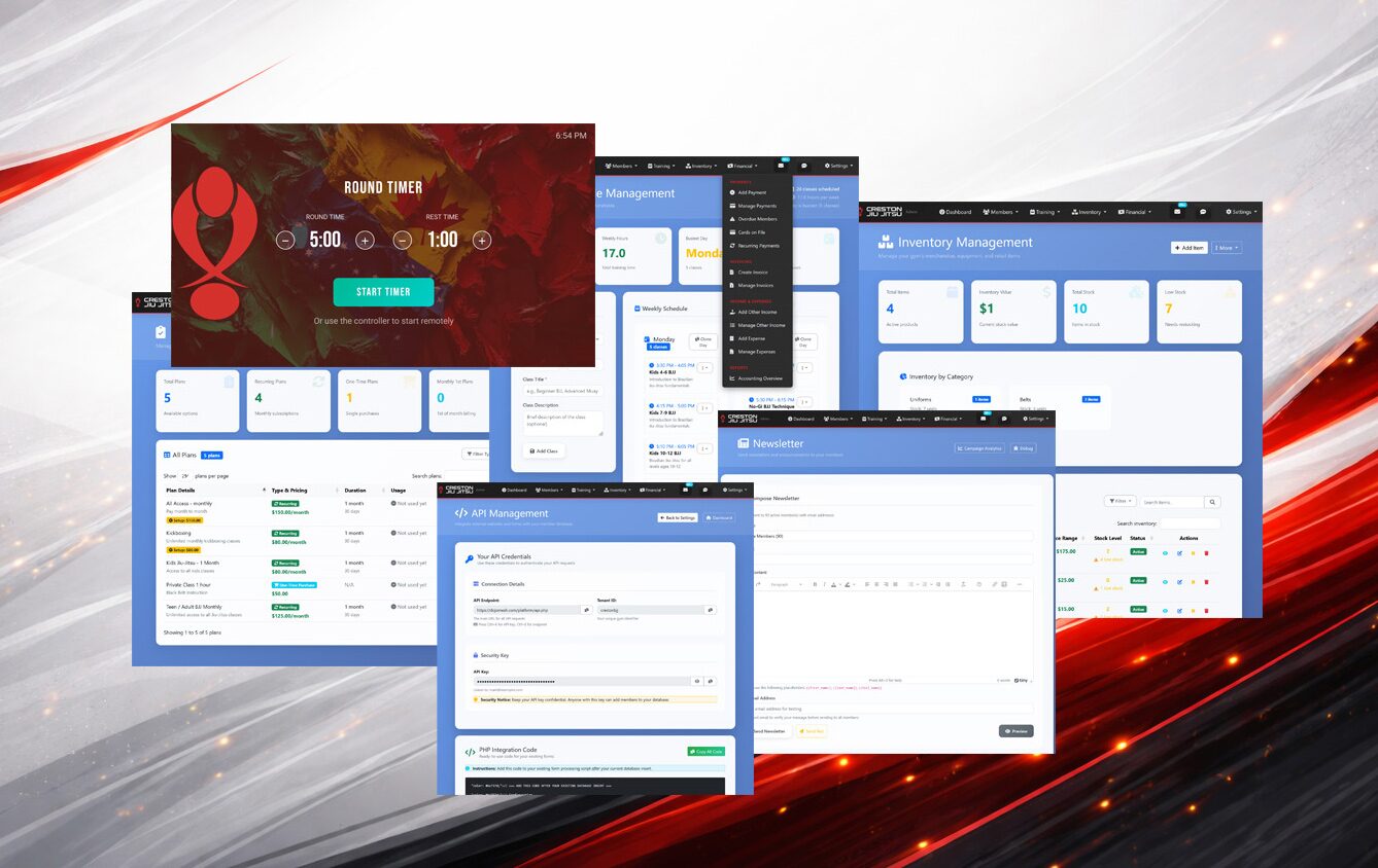 DojoMesh in use — membership plans, class scheduling, inventory, newsletters, API settings and the combat round timer