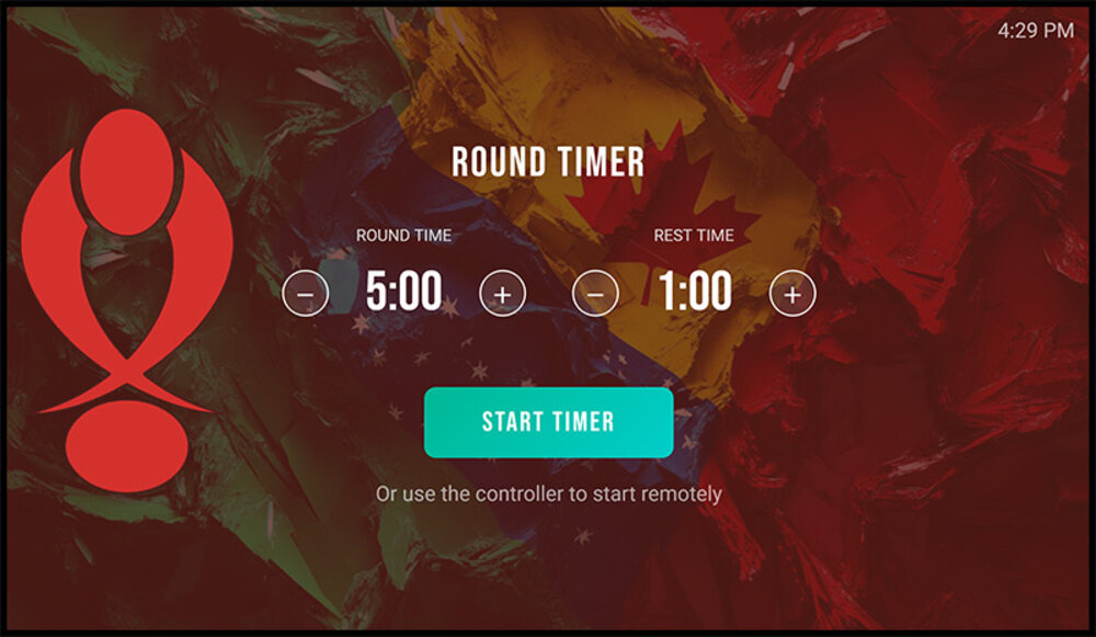 DojoMesh combat round timer showing round and rest time controls over a custom gym background